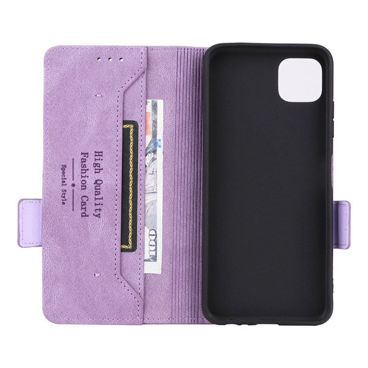 For Samsung Galaxy A22 5G (EU Version) Anti-scratch PU Leather Phone Case Hardware Design Smartphone Cover with Wallet Stand - Purple