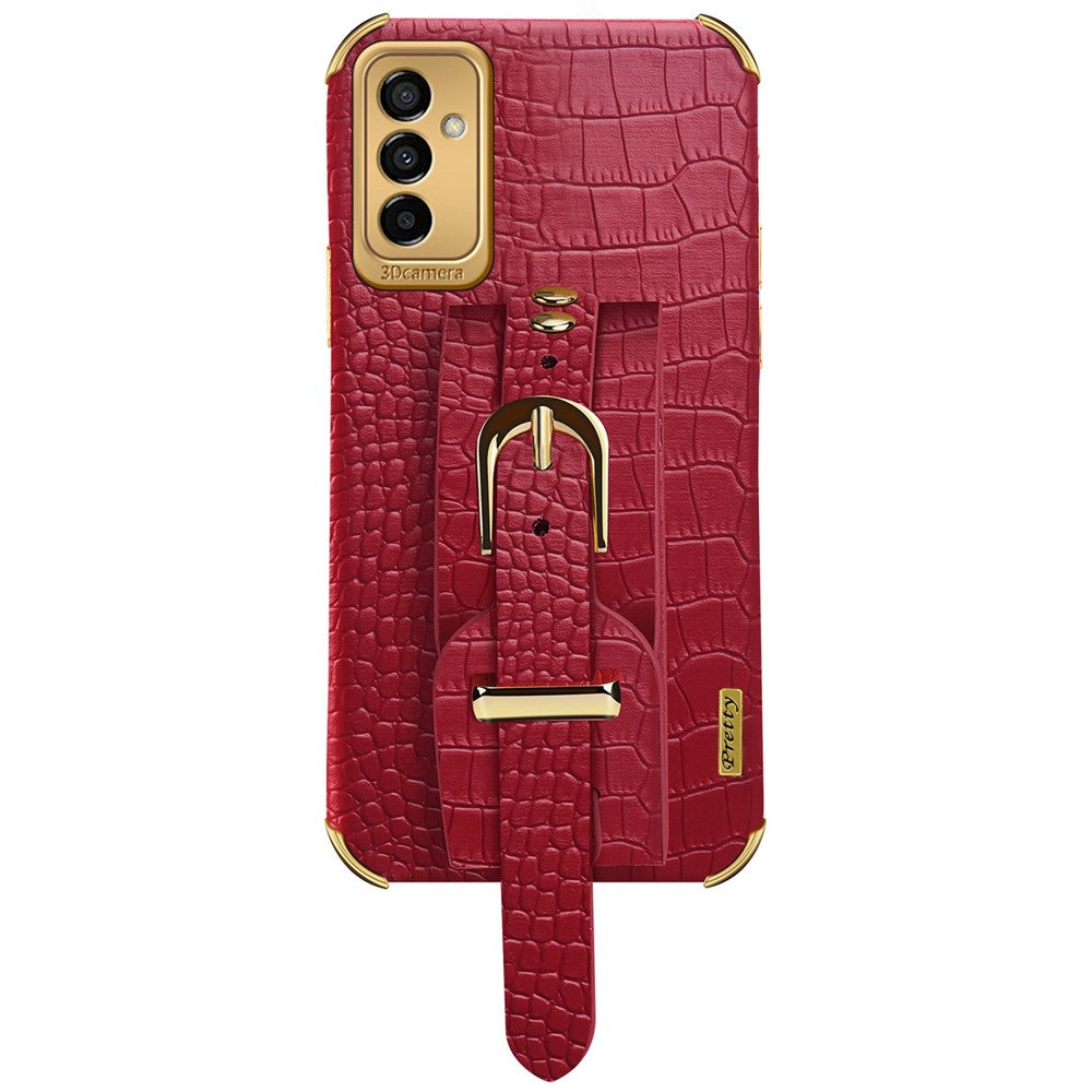 For Samsung Galaxy M23 5G/F23 5G Shockproof Anti-fall Cellphone Cover 6D Electroplated Crocodile Texture Phone Case PU Leather Coated TPU Shell with Hand Strap Kickstand - Red