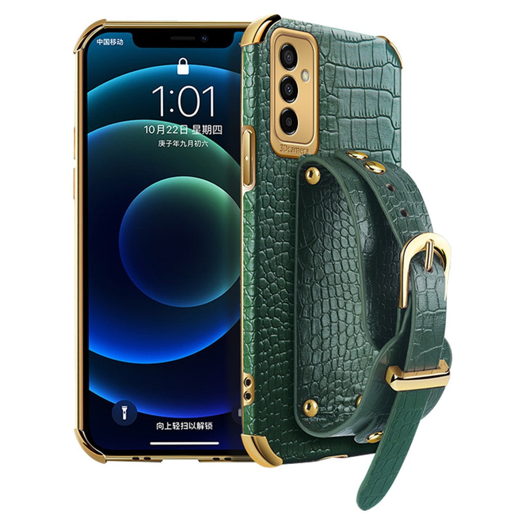 For Samsung Galaxy M23 5G/F23 5G Shockproof Anti-fall Cellphone Cover 6D Electroplated Crocodile Texture Phone Case PU Leather Coated TPU Shell with Hand Strap Kickstand - Green