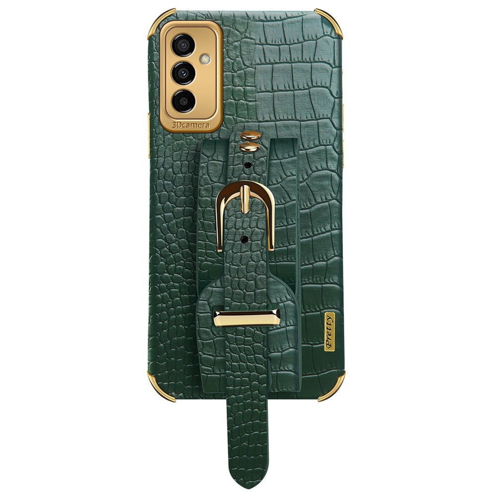 For Samsung Galaxy M23 5G/F23 5G Shockproof Anti-fall Cellphone Cover 6D Electroplated Crocodile Texture Phone Case PU Leather Coated TPU Shell with Hand Strap Kickstand - Green