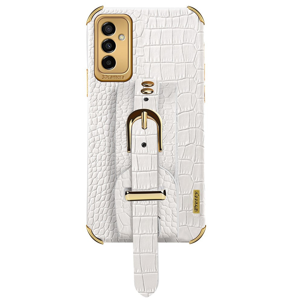 For Samsung Galaxy M23 5G/F23 5G Shockproof Anti-fall Cellphone Cover 6D Electroplated Crocodile Texture Phone Case PU Leather Coated TPU Shell with Hand Strap Kickstand - White