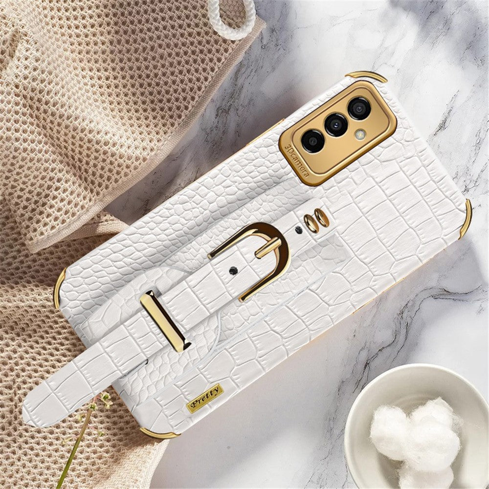 For Samsung Galaxy M23 5G/F23 5G Shockproof Anti-fall Cellphone Cover 6D Electroplated Crocodile Texture Phone Case PU Leather Coated TPU Shell with Hand Strap Kickstand - White