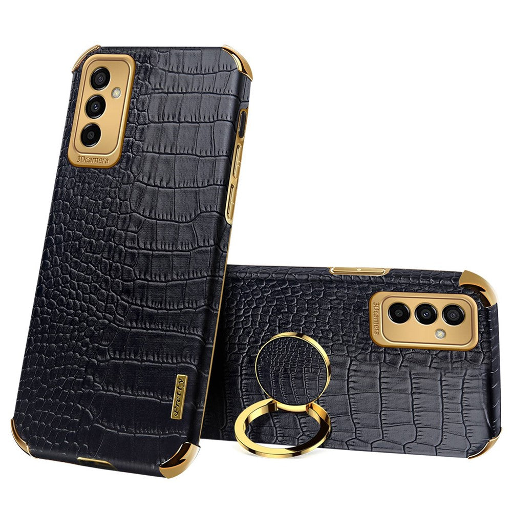 For Samsung Galaxy M23 5G/F23 5G Shockproof Phone Cover Crocodile Texture Kickstand Electroplated Finger Ring Holder PU Leather Coated TPU Anti-scratch Phone Case - Black