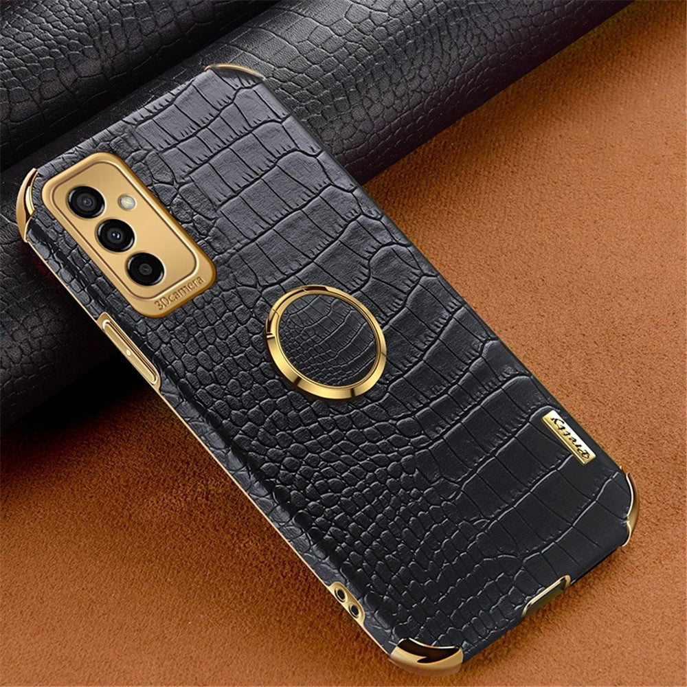 For Samsung Galaxy M23 5G/F23 5G Shockproof Phone Cover Crocodile Texture Kickstand Electroplated Finger Ring Holder PU Leather Coated TPU Anti-scratch Phone Case - Black