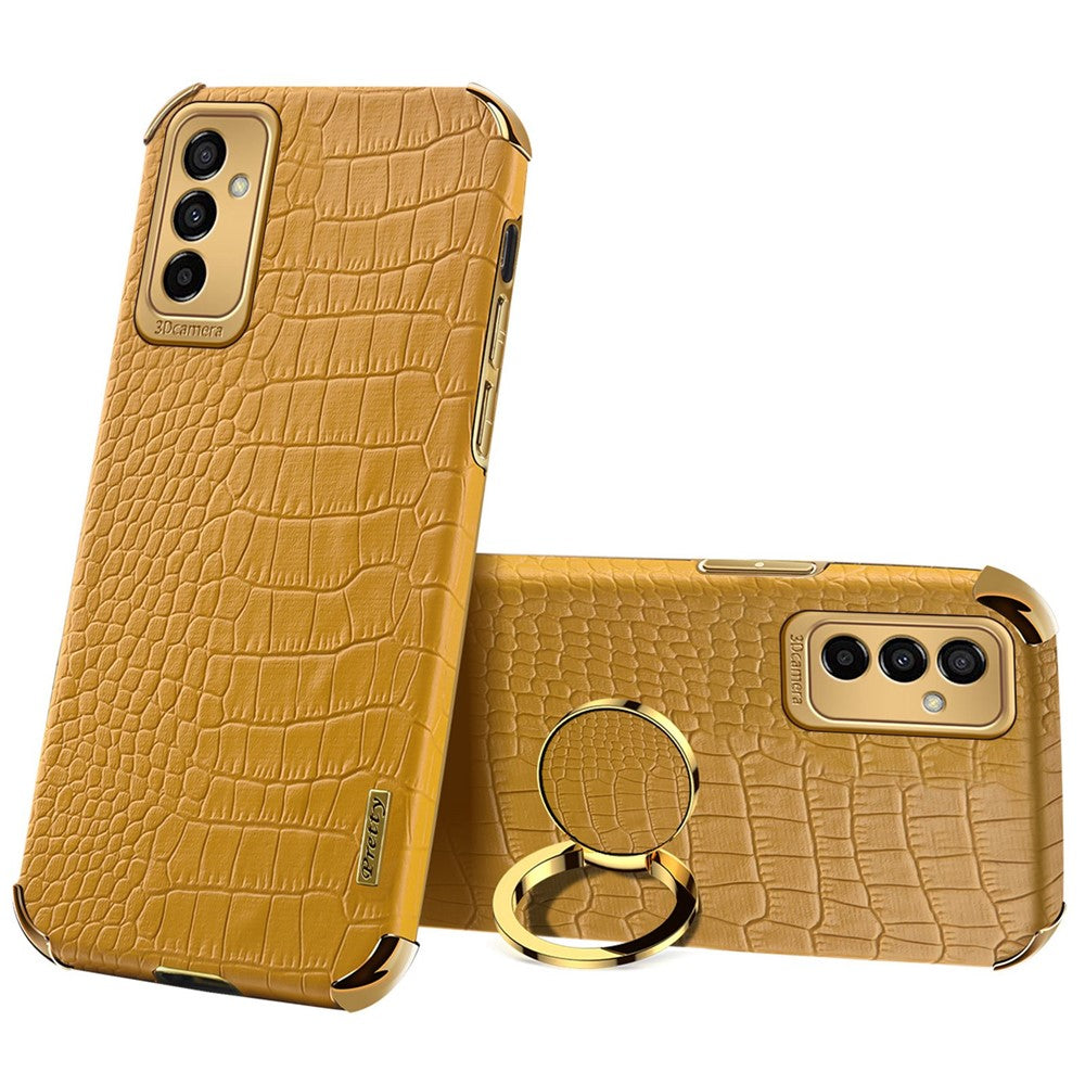 For Samsung Galaxy M23 5G/F23 5G Shockproof Phone Cover Crocodile Texture Kickstand Electroplated Finger Ring Holder PU Leather Coated TPU Anti-scratch Phone Case - Yellow
