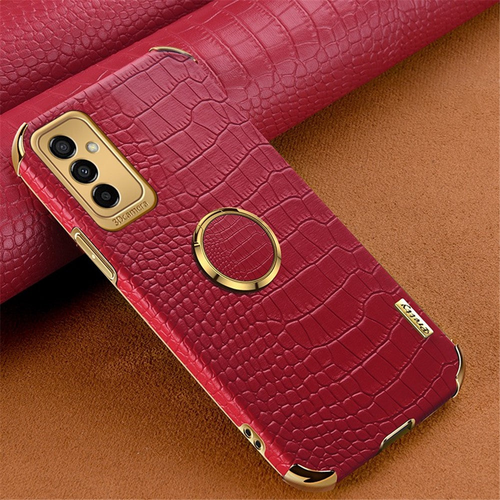 For Samsung Galaxy M23 5G/F23 5G Shockproof Phone Cover Crocodile Texture Kickstand Electroplated Finger Ring Holder PU Leather Coated TPU Anti-scratch Phone Case - Red