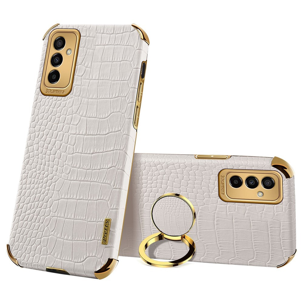 For Samsung Galaxy M23 5G/F23 5G Shockproof Phone Cover Crocodile Texture Kickstand Electroplated Finger Ring Holder PU Leather Coated TPU Anti-scratch Phone Case - White