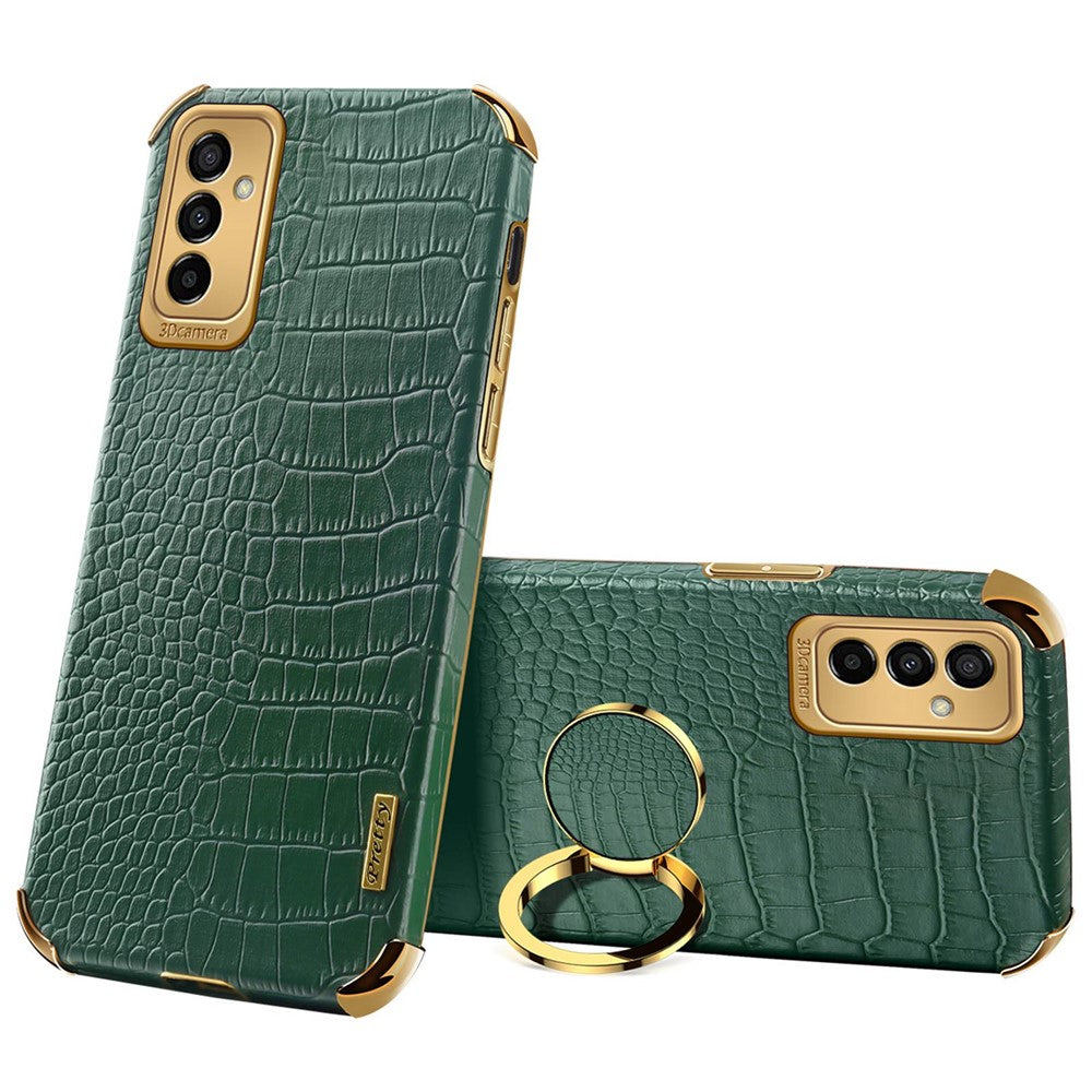 For Samsung Galaxy M23 5G/F23 5G Shockproof Phone Cover Crocodile Texture Kickstand Electroplated Finger Ring Holder PU Leather Coated TPU Anti-scratch Phone Case - Green