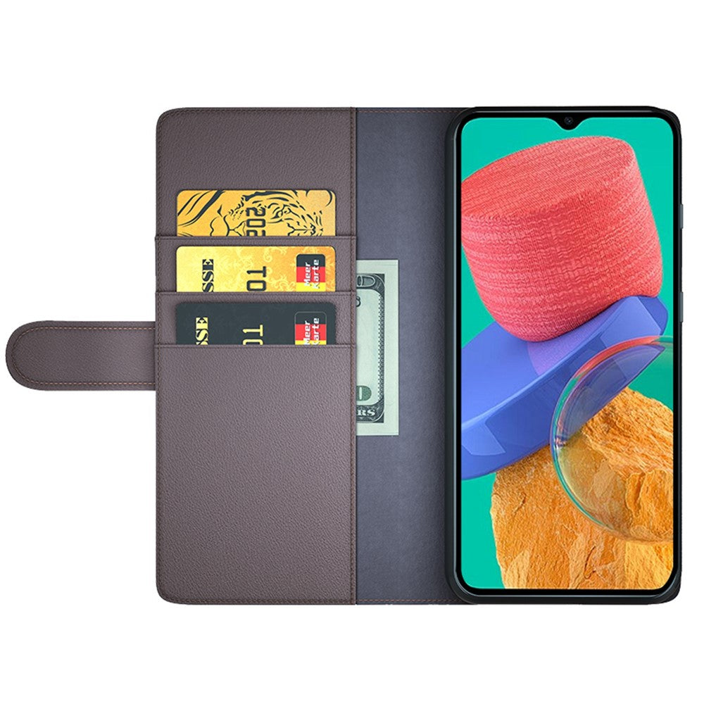 For Samsung Galaxy M33 5G (Global) Case Genuine Split Leather Phone Cover with Wallet Stand - Brown