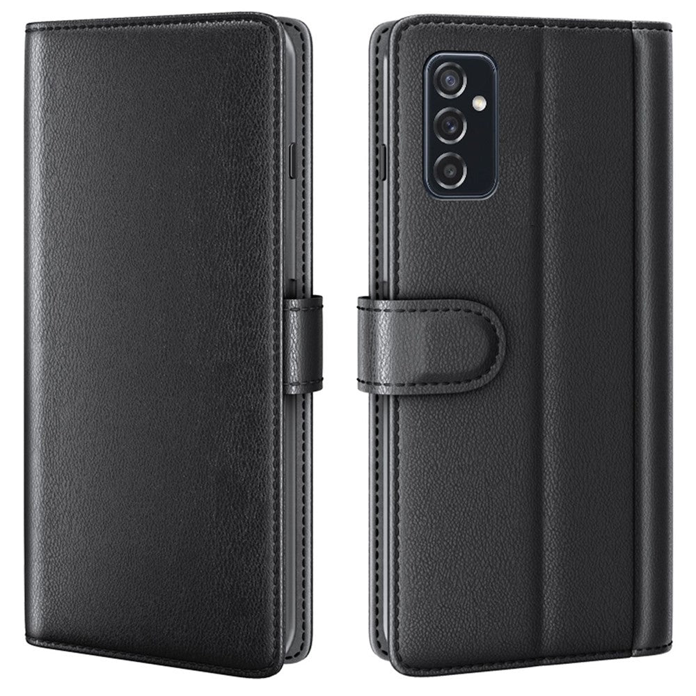 For Samsung Galaxy M52 5G Case Genuine Split Leather Phone Cover with Wallet Stand - Black