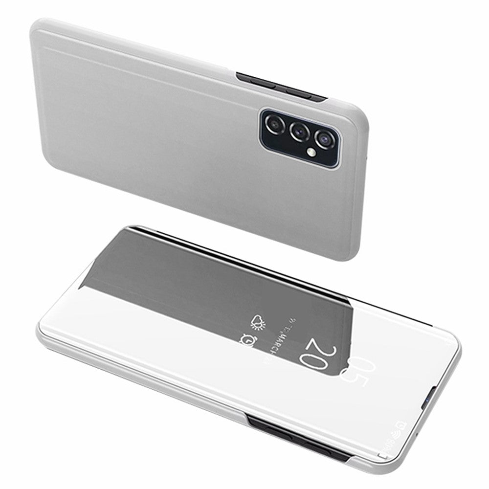 For Samsung Galaxy M23 5G/F23 5G PU Leather Window View Stand Feature Case Mirror Screen Flip Electroplate Plating Cover - Silver