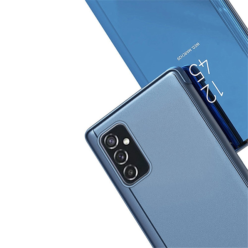 For Samsung Galaxy M23 5G/F23 5G PU Leather Window View Stand Feature Case Mirror Screen Flip Electroplate Plating Cover - Black