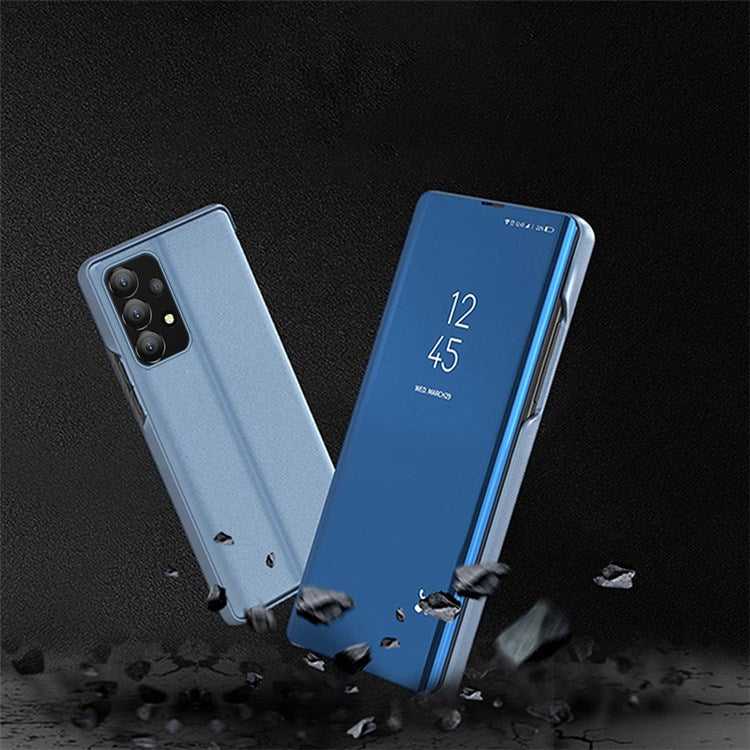 For Samsung Galaxy A73 5G PU Leather Smart View Window Case Electroplate Full Body Protection Stand Flip Mirror Phone Cover - Sky Blue