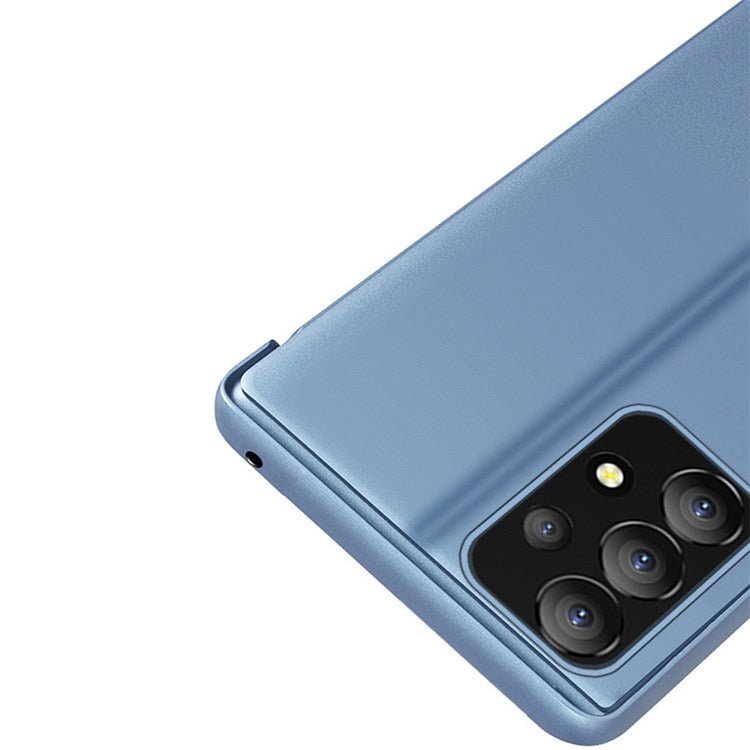 For Samsung Galaxy A73 5G PU Leather Smart View Window Case Electroplate Full Body Protection Stand Flip Mirror Phone Cover - Sky Blue