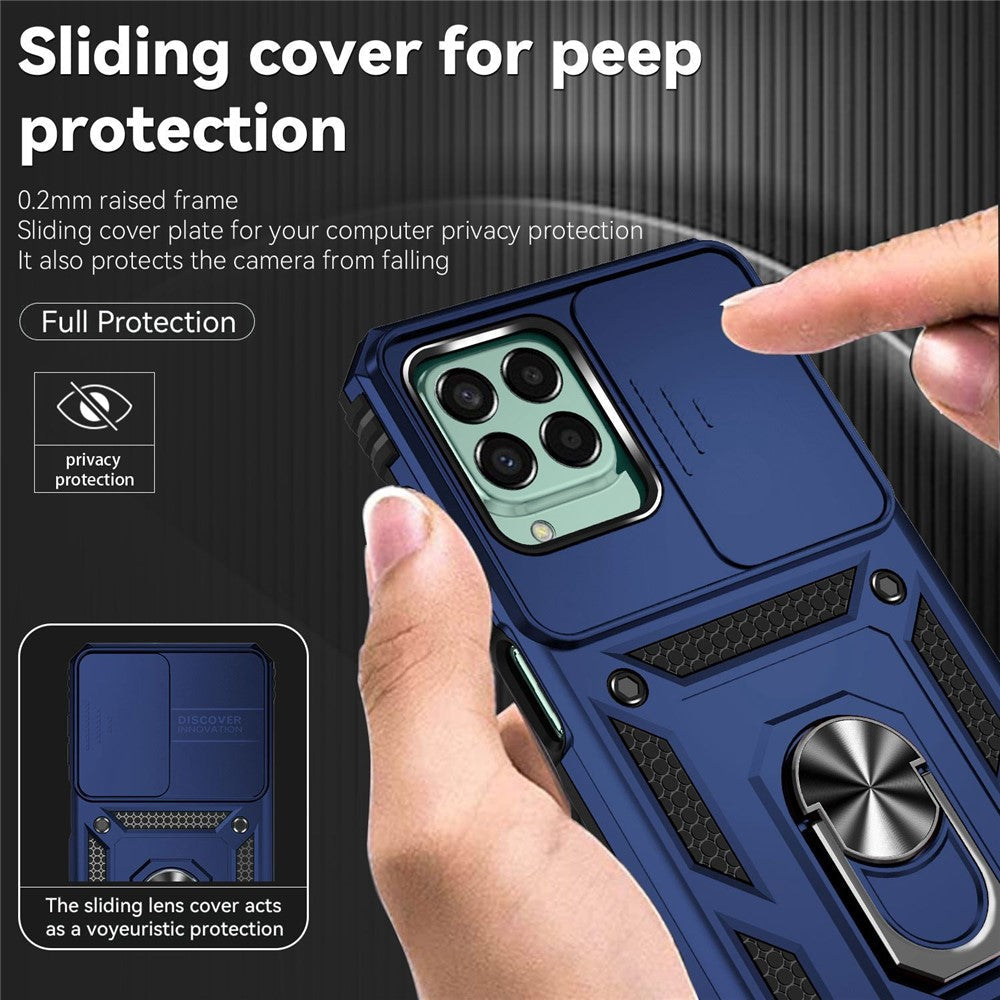for Samsung Galaxy M33 5G (Global Version) Ring Kickstand Phone Case Anti-fall Protection Hard PC + TPU Shell with Slide Camera Protection Cover - Blue