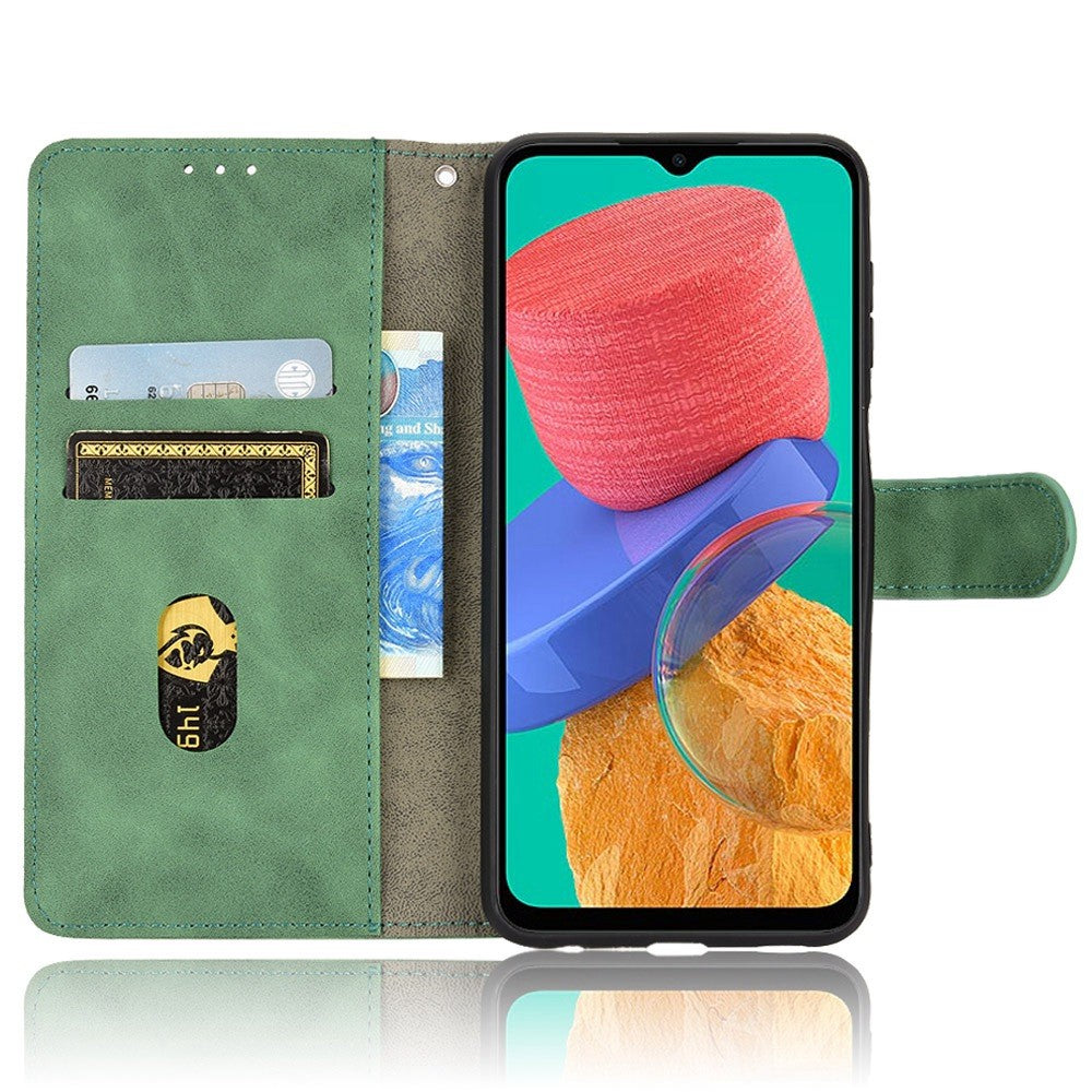 For Samsung Galaxy M33 5G (Global Version) PU Leather Wallet Case Stand Magnetic Closure Skin-touch Feeling Shockproof Flip Cover - Green