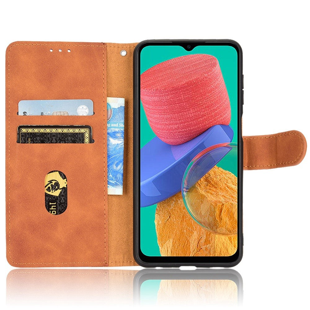For Samsung Galaxy M33 5G (Global Version) PU Leather Wallet Case Stand Magnetic Closure Skin-touch Feeling Shockproof Flip Cover - Brown