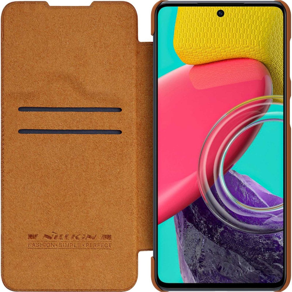NILLKIN Qin Series for Samsung Galaxy M53 5G Scratch-resistant Anti-fall Card Holder PU Leather Shell Phone Case - Brown