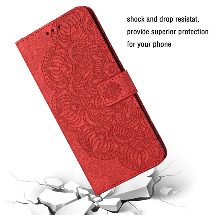 For Samsung Galaxy A52 5G/4G/A52s 5G Magnetic Clasp PU Leather Stand Mandala Flower Imprinted Phone Case Shockproof Mobile Phone Wallet Cover - Red