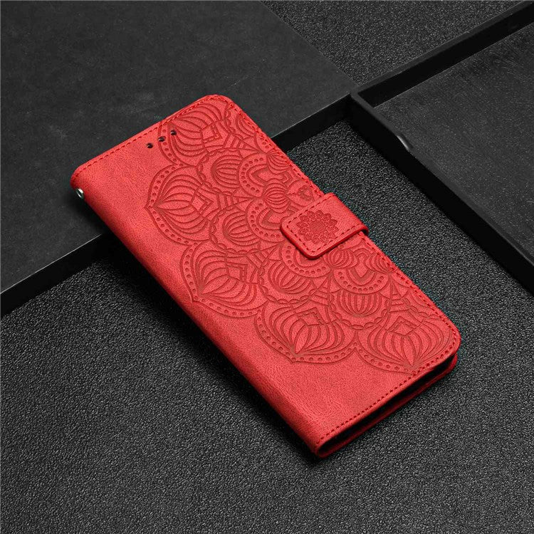 For Samsung Galaxy A52 5G/4G/A52s 5G Magnetic Clasp PU Leather Stand Mandala Flower Imprinted Phone Case Shockproof Mobile Phone Wallet Cover - Red