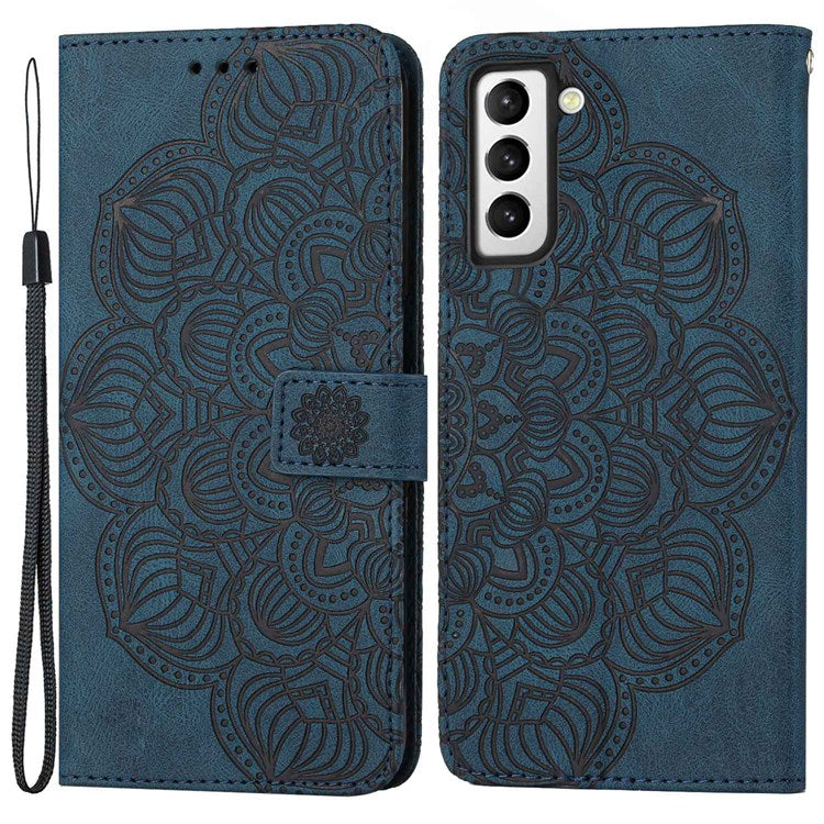 For Samsung Galaxy S22 5G Stand Wallet Phone Case PU Leather Imprinting Mandala Flower Protective Cover - Blue