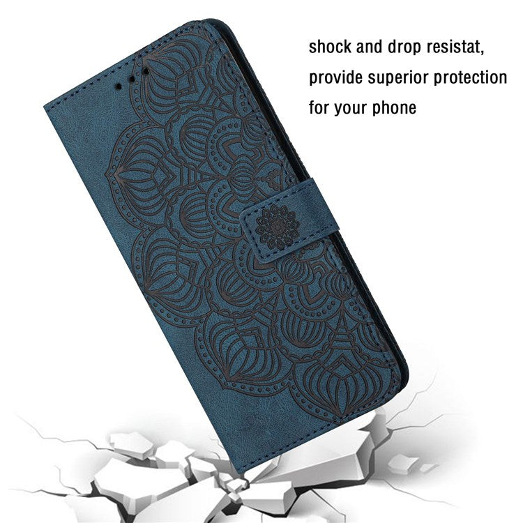 For Samsung Galaxy S22 5G Stand Wallet Phone Case PU Leather Imprinting Mandala Flower Protective Cover - Blue