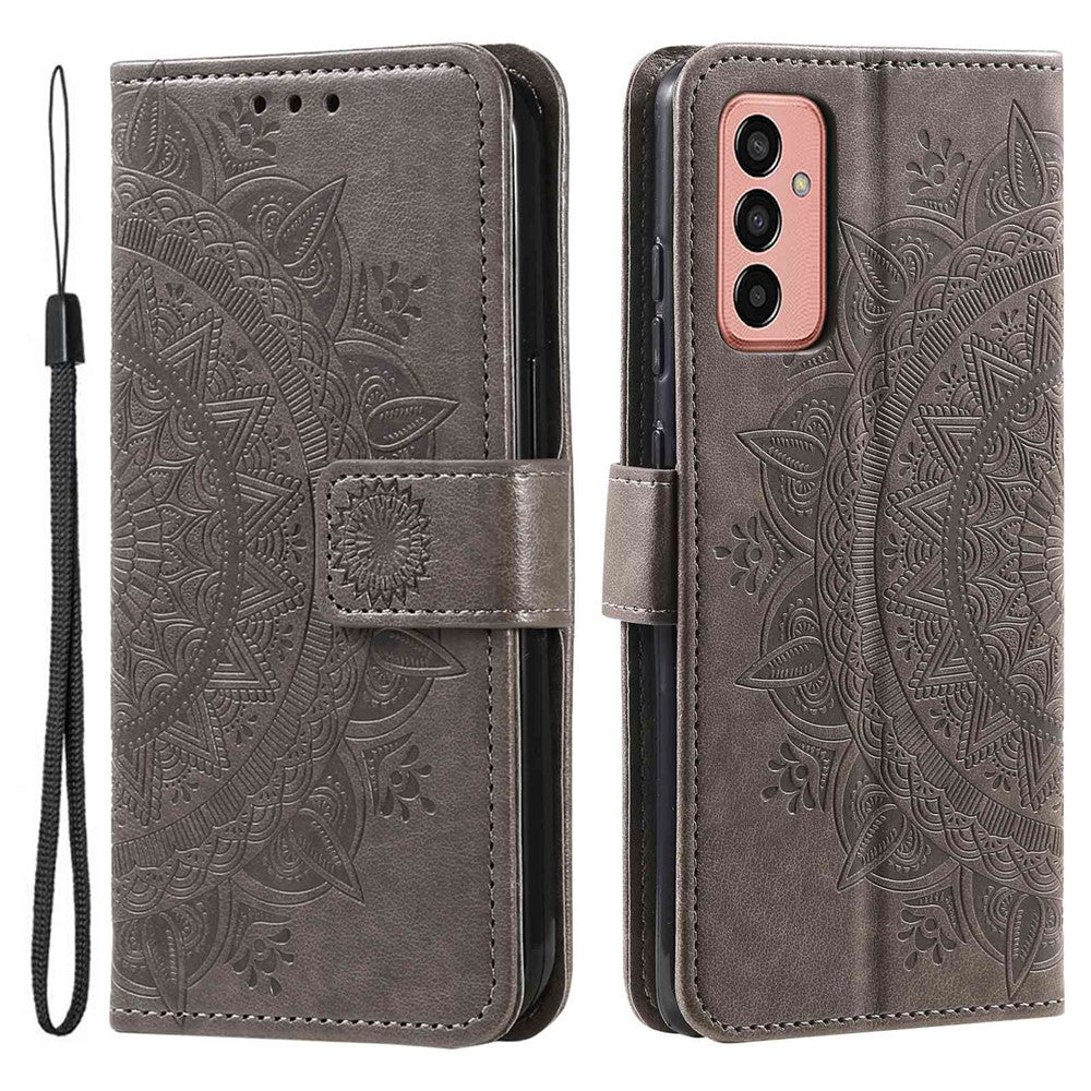 For Samsung Galaxy M13 4G Scratch Resistant Folio Stand Cover Mandala Flower Pattern Imprinted PU Leather Wallet Flip Case with Wrist Strap - Grey