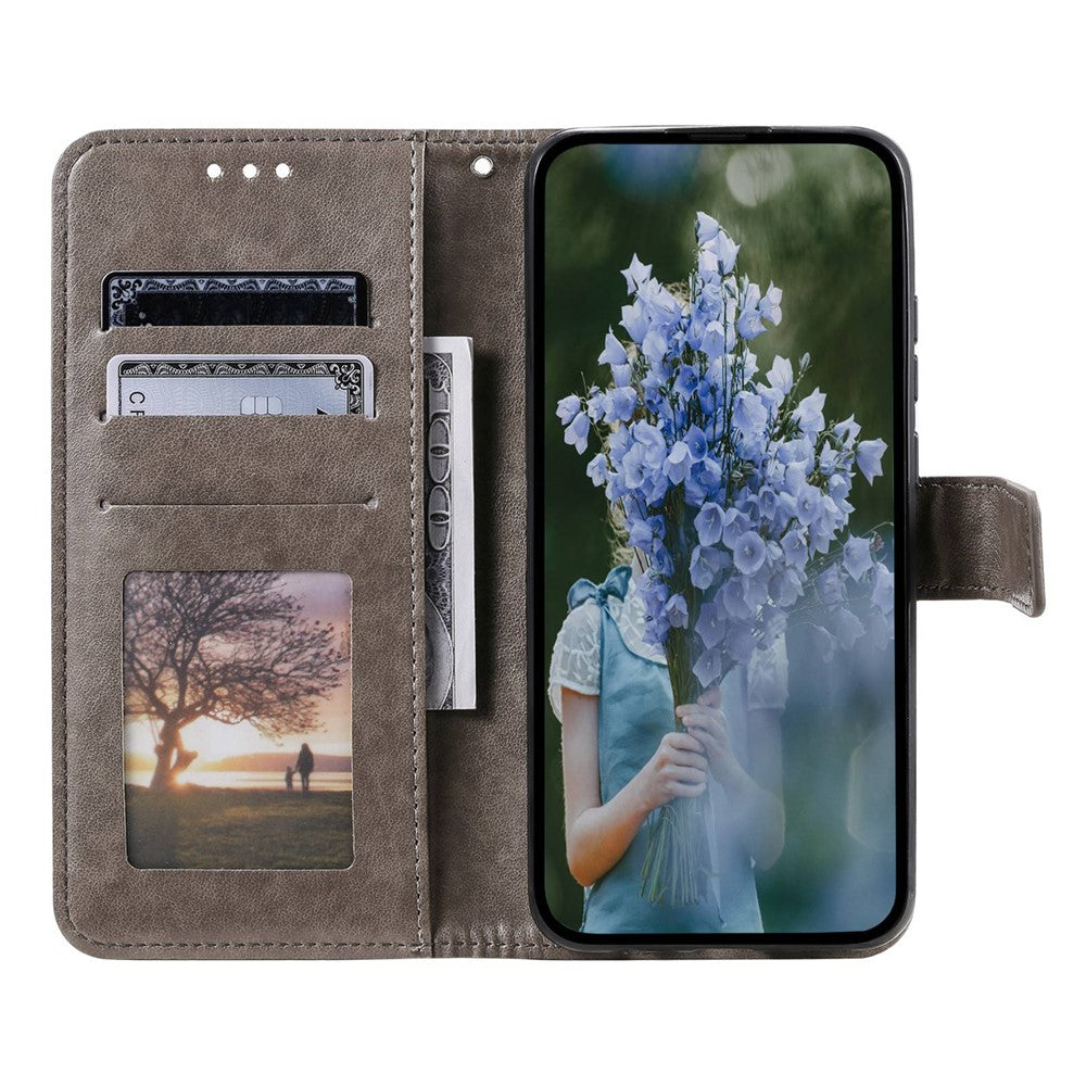 For Samsung Galaxy M13 4G Scratch Resistant Folio Stand Cover Mandala Flower Pattern Imprinted PU Leather Wallet Flip Case with Wrist Strap - Grey