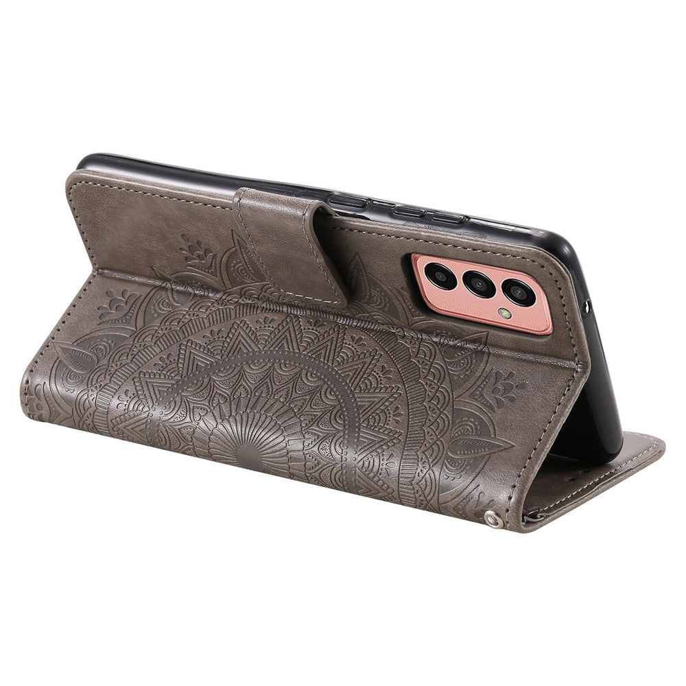 For Samsung Galaxy M13 4G Scratch Resistant Folio Stand Cover Mandala Flower Pattern Imprinted PU Leather Wallet Flip Case with Wrist Strap - Grey