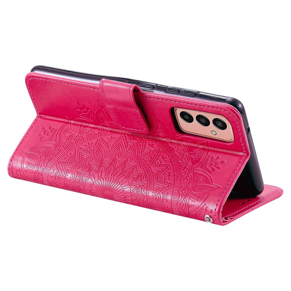 For Samsung Galaxy M13 4G Scratch Resistant Folio Stand Cover Mandala Flower Pattern Imprinted PU Leather Wallet Flip Case with Wrist Strap - Rose