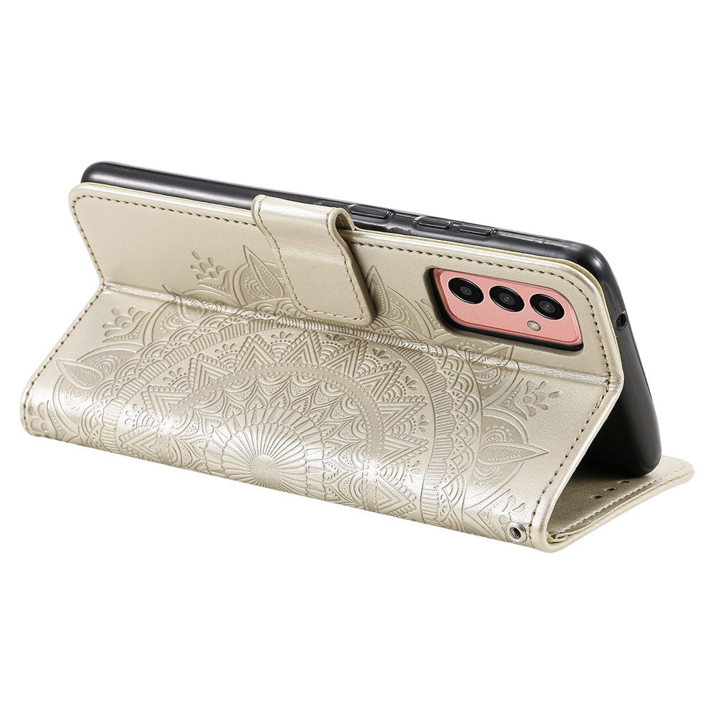 For Samsung Galaxy M13 4G Scratch Resistant Folio Stand Cover Mandala Flower Pattern Imprinted PU Leather Wallet Flip Case with Wrist Strap - Gold