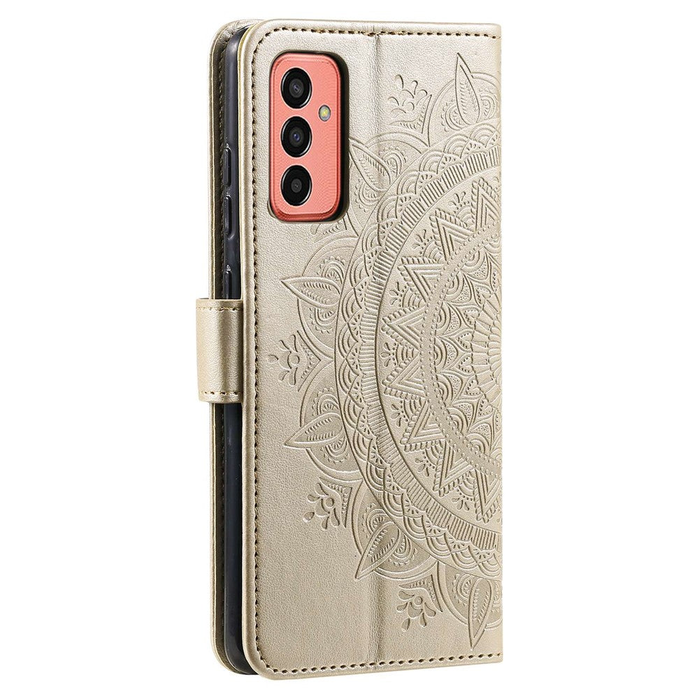 For Samsung Galaxy M13 4G Scratch Resistant Folio Stand Cover Mandala Flower Pattern Imprinted PU Leather Wallet Flip Case with Wrist Strap - Gold