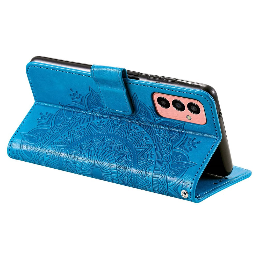 For Samsung Galaxy M13 4G Scratch Resistant Folio Stand Cover Mandala Flower Pattern Imprinted PU Leather Wallet Flip Case with Wrist Strap - Blue