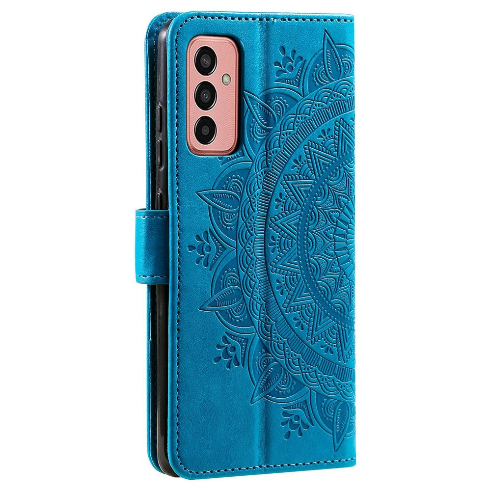 For Samsung Galaxy M13 4G Scratch Resistant Folio Stand Cover Mandala Flower Pattern Imprinted PU Leather Wallet Flip Case with Wrist Strap - Blue
