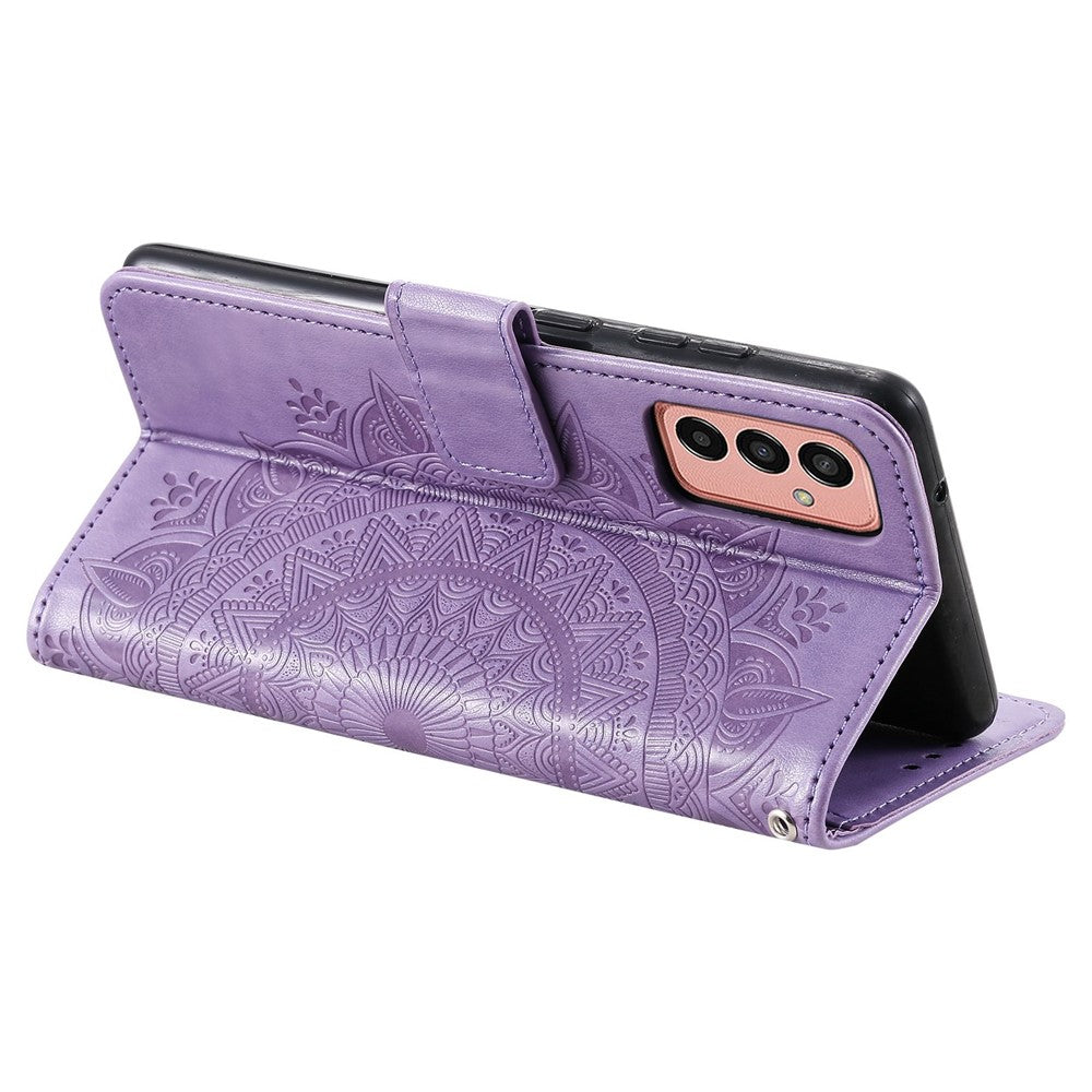 For Samsung Galaxy M13 4G Scratch Resistant Folio Stand Cover Mandala Flower Pattern Imprinted PU Leather Wallet Flip Case with Wrist Strap - Purple
