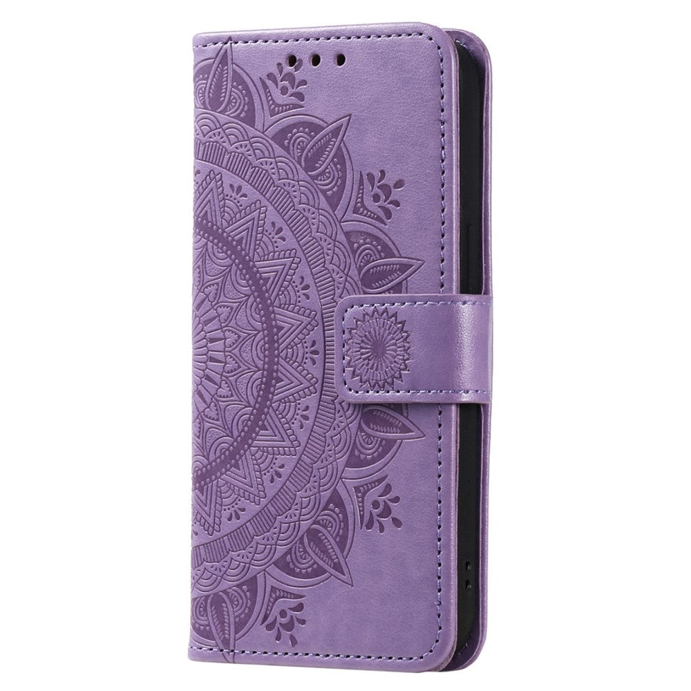 For Samsung Galaxy M13 4G Scratch Resistant Folio Stand Cover Mandala Flower Pattern Imprinted PU Leather Wallet Flip Case with Wrist Strap - Purple