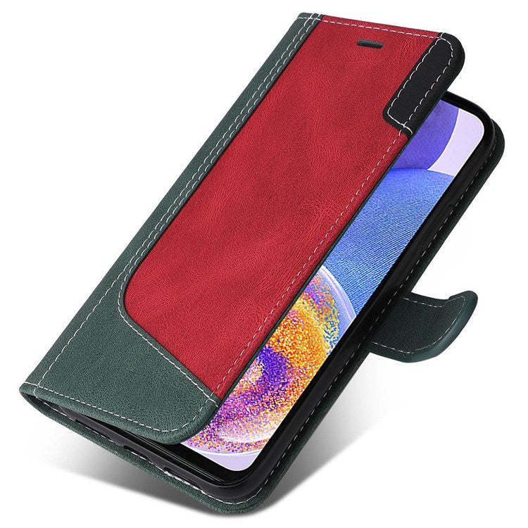 For Samsung Galaxy A23 5G (Global Version) / 4G Mobile Phone Bag Shell PU Leather Wallet Stand Three-color Splicing Style Phone Protection Case - Green
