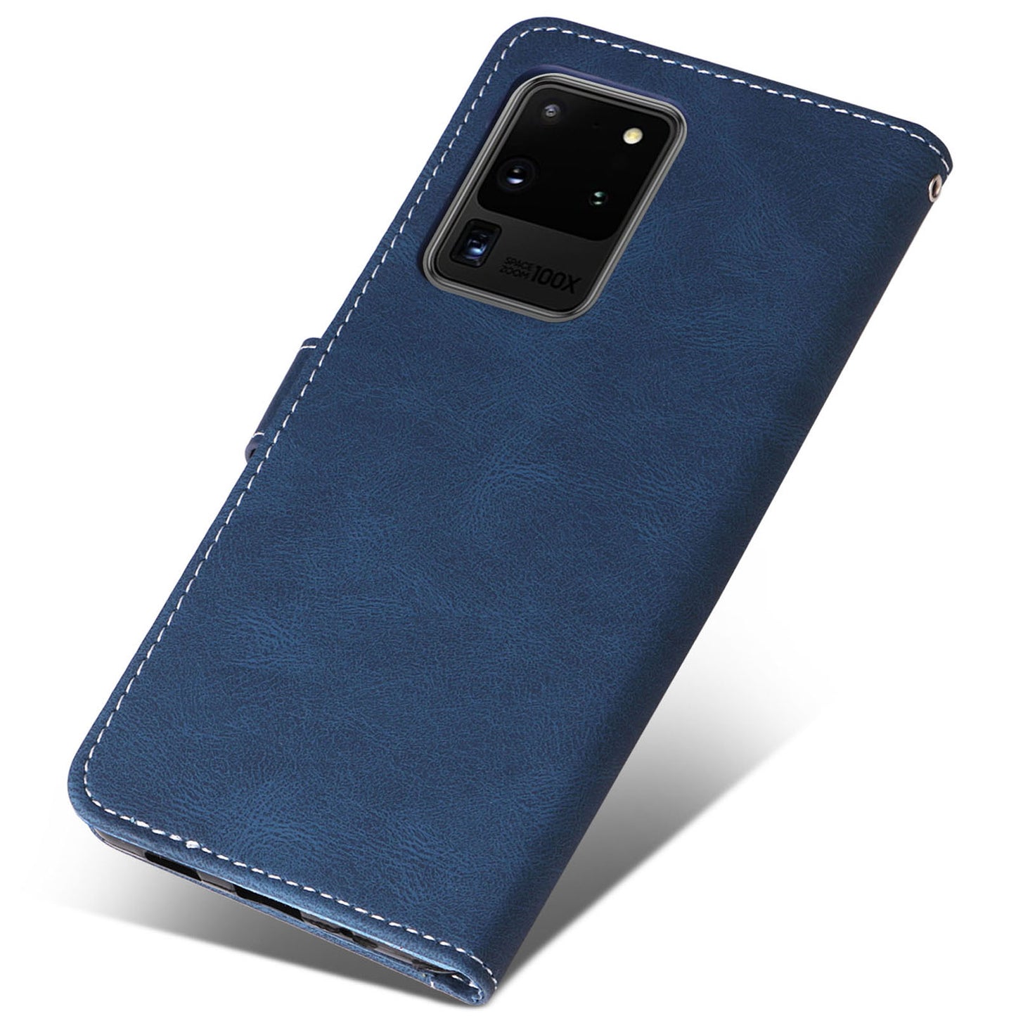 For Samsung Galaxy S20 Ultra 4G/5G Lightweight Phone Shell PU Leather Anti-scratch Wallet Stand Three-color Splicing Style Phone Protection Case - Blue
