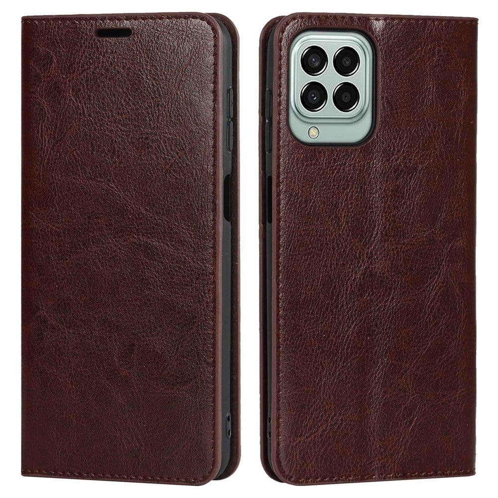For Samsung Galaxy M53 5G Shockproof Genuine Leather Flip Cover Crazy Horse Texture Wallet Viewing Stand Magnetic Absorption Shell - Dark Brown