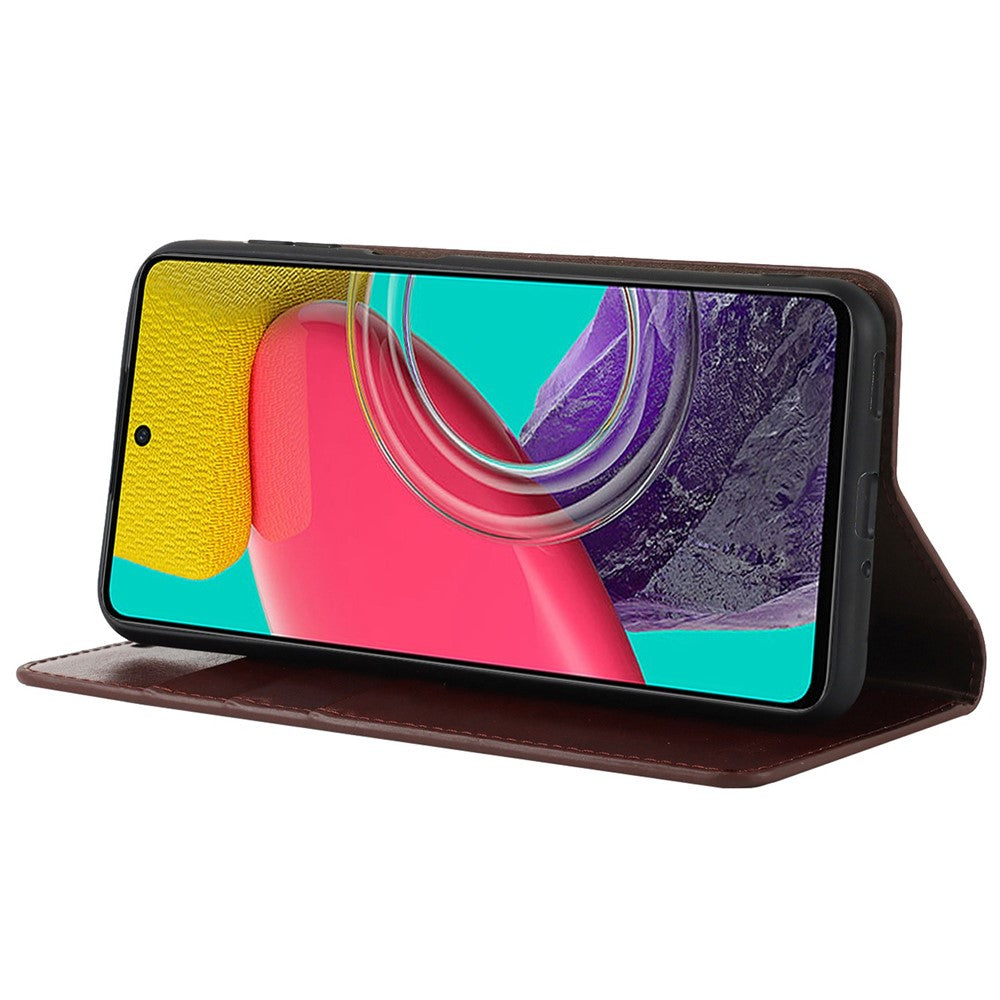 For Samsung Galaxy M53 5G Shockproof Genuine Leather Flip Cover Crazy Horse Texture Wallet Viewing Stand Magnetic Absorption Shell - Dark Brown