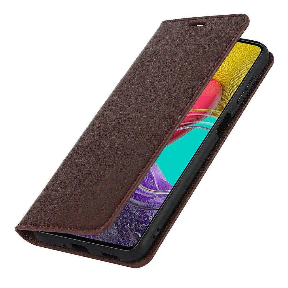 For Samsung Galaxy M53 5G Shockproof Genuine Leather Flip Cover Crazy Horse Texture Wallet Viewing Stand Magnetic Absorption Shell - Dark Brown