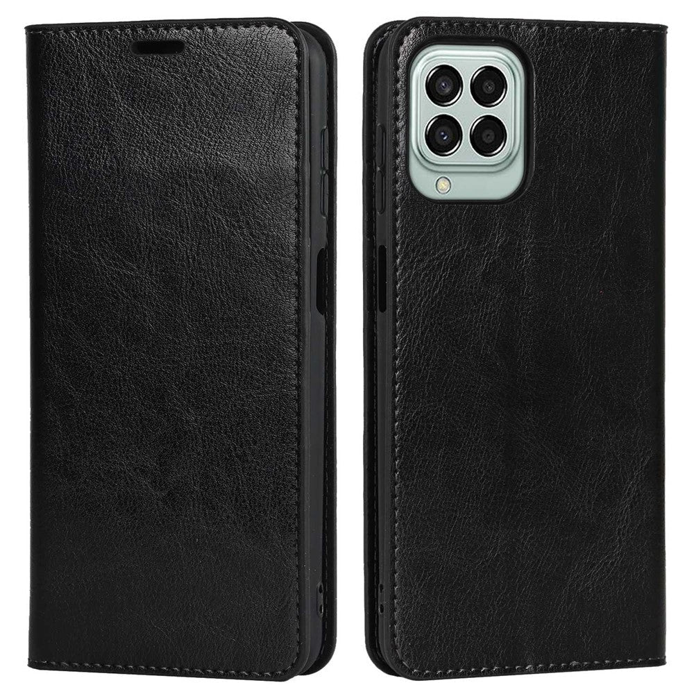 For Samsung Galaxy M53 5G Shockproof Genuine Leather Flip Cover Crazy Horse Texture Wallet Viewing Stand Magnetic Absorption Shell - Black