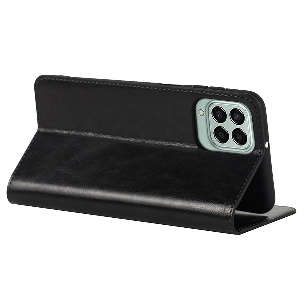 For Samsung Galaxy M53 5G Shockproof Genuine Leather Flip Cover Crazy Horse Texture Wallet Viewing Stand Magnetic Absorption Shell - Black