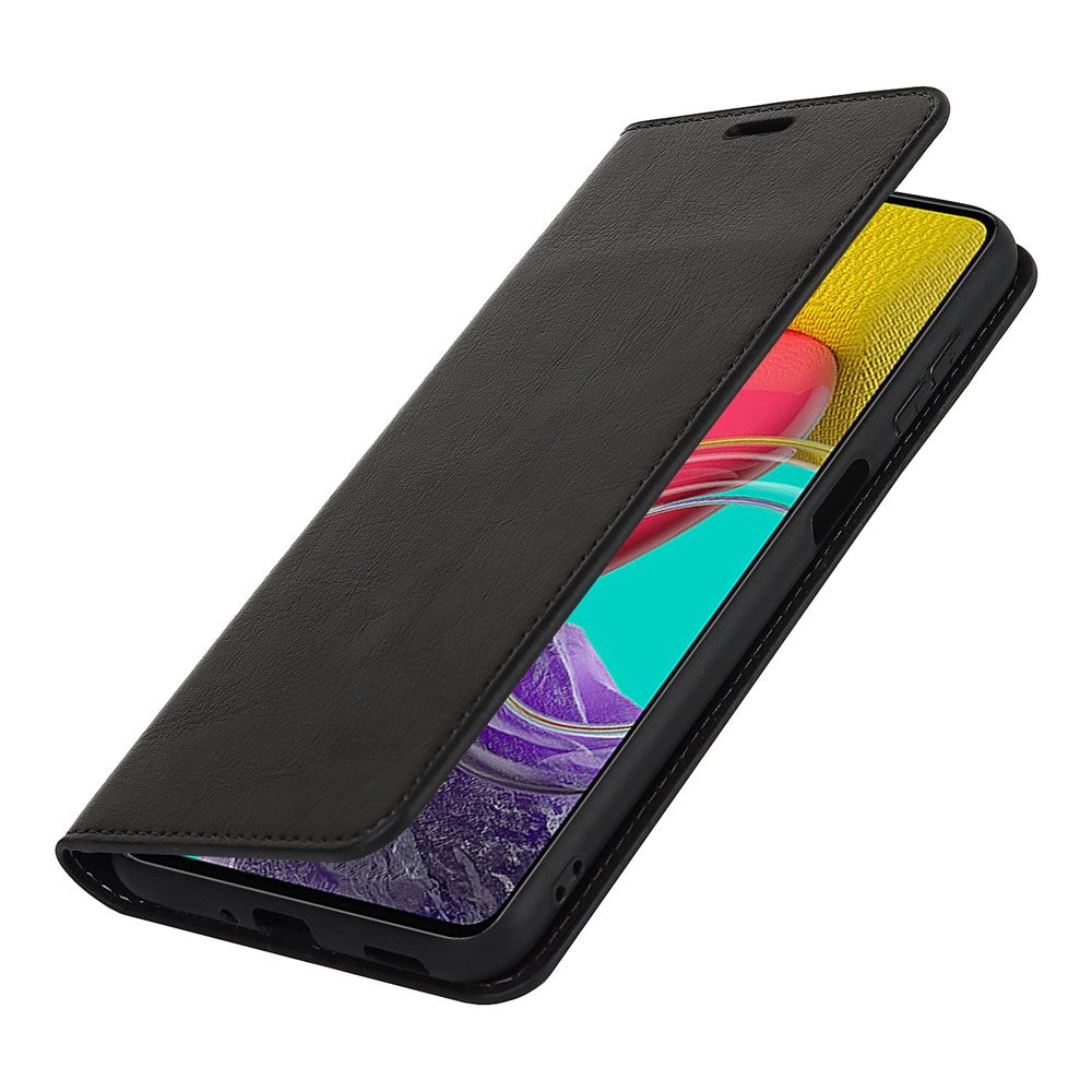 For Samsung Galaxy M53 5G Shockproof Genuine Leather Flip Cover Crazy Horse Texture Wallet Viewing Stand Magnetic Absorption Shell - Black