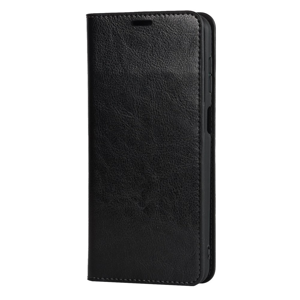 For Samsung Galaxy M53 5G Shockproof Genuine Leather Flip Cover Crazy Horse Texture Wallet Viewing Stand Magnetic Absorption Shell - Black