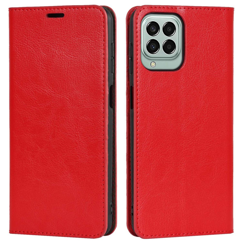 For Samsung Galaxy M53 5G Shockproof Genuine Leather Flip Cover Crazy Horse Texture Wallet Viewing Stand Magnetic Absorption Shell - Red