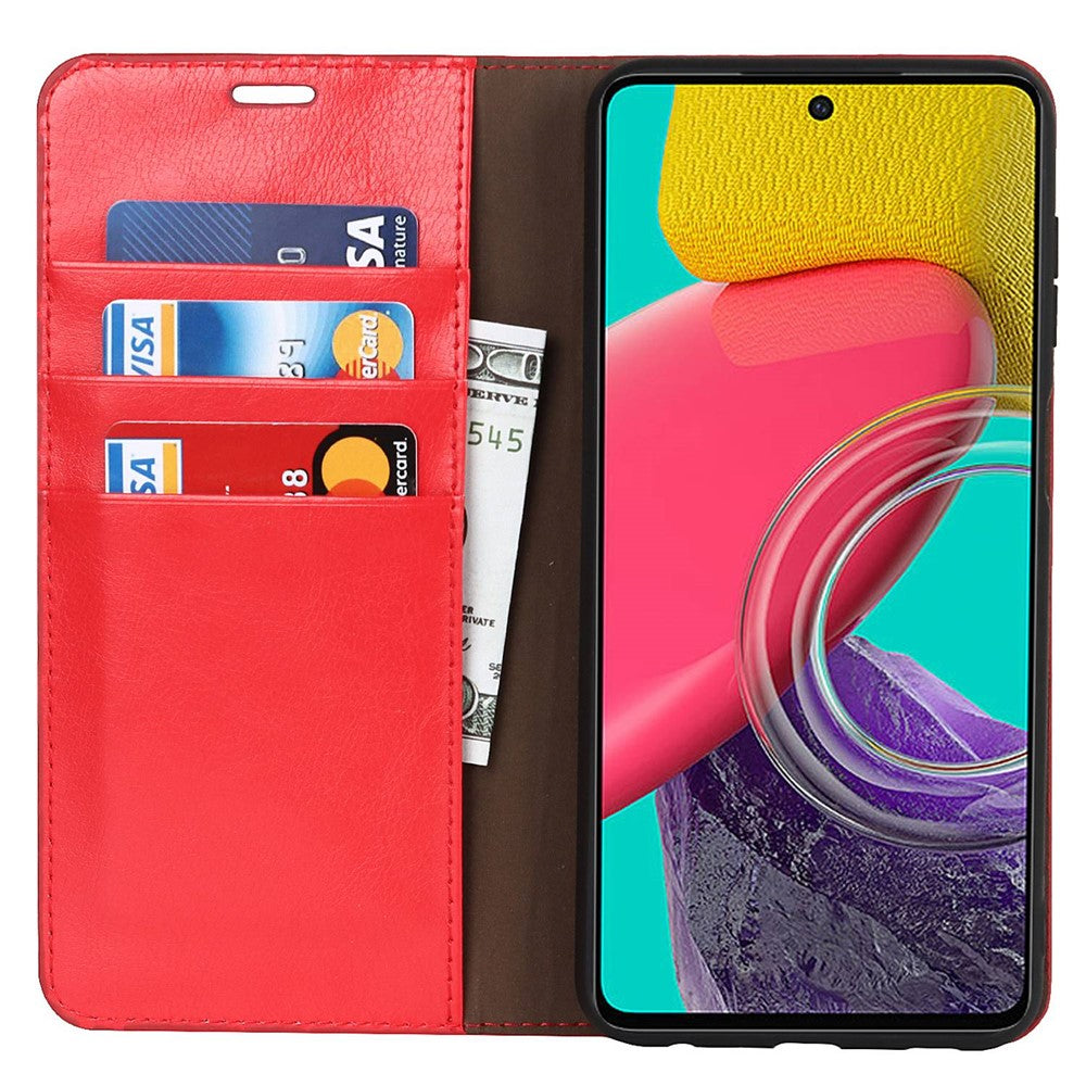 For Samsung Galaxy M53 5G Shockproof Genuine Leather Flip Cover Crazy Horse Texture Wallet Viewing Stand Magnetic Absorption Shell - Red