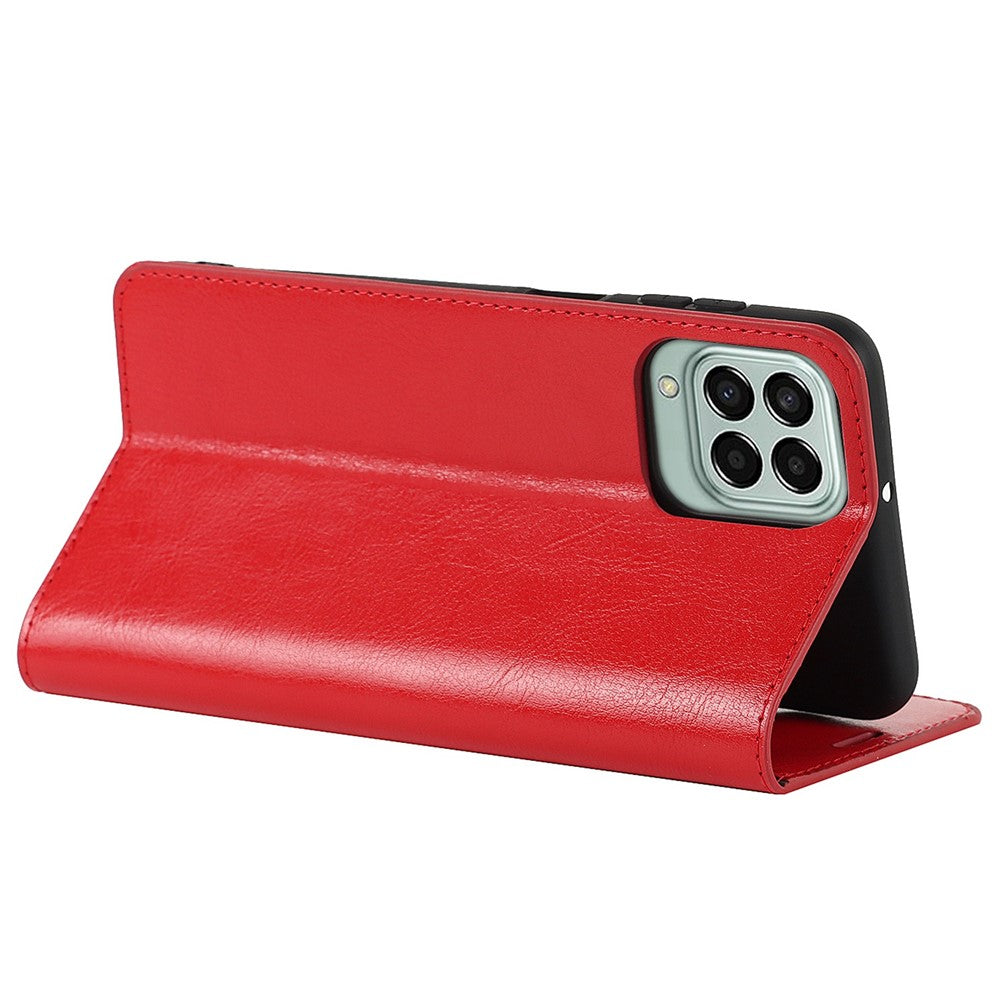 For Samsung Galaxy M53 5G Shockproof Genuine Leather Flip Cover Crazy Horse Texture Wallet Viewing Stand Magnetic Absorption Shell - Red