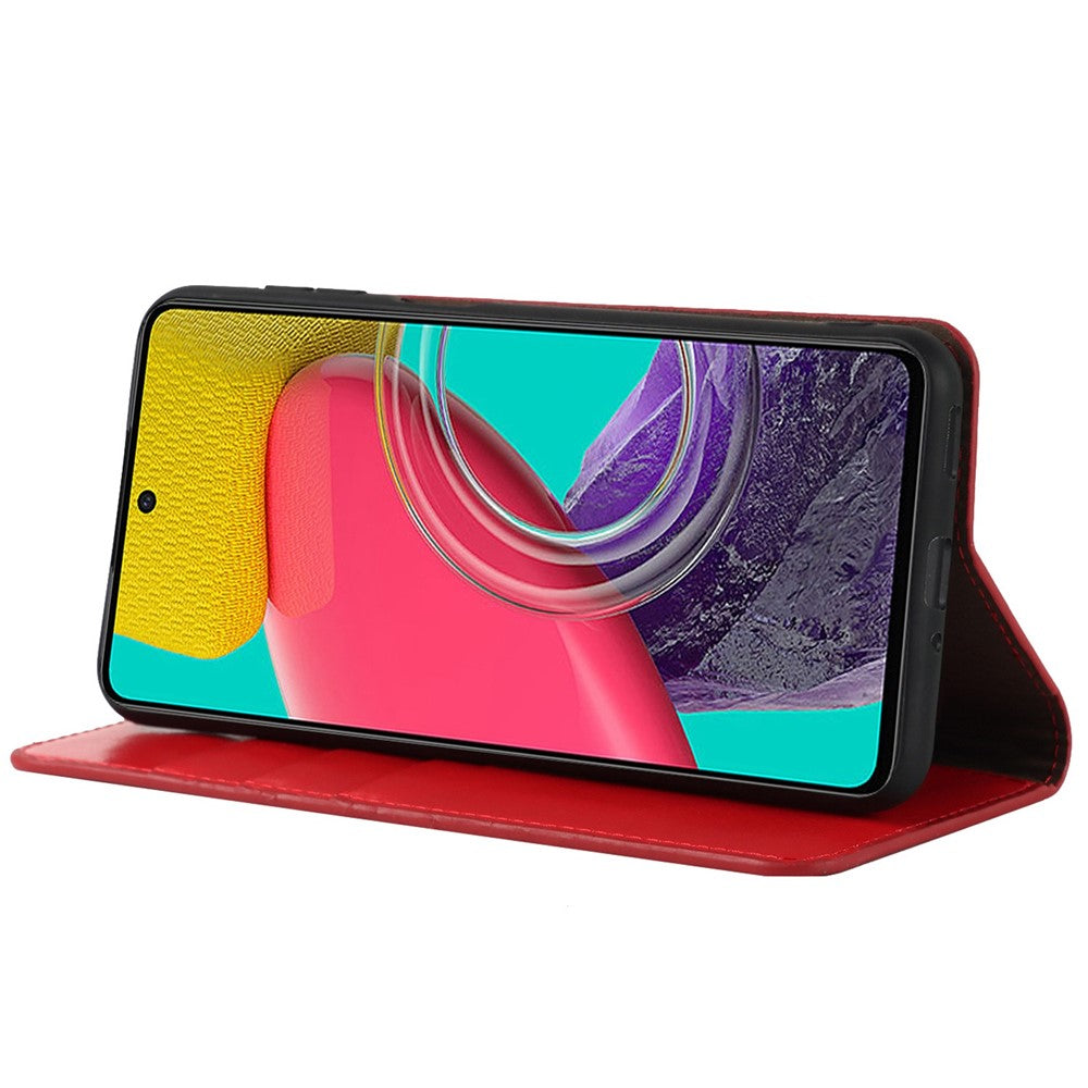 For Samsung Galaxy M53 5G Shockproof Genuine Leather Flip Cover Crazy Horse Texture Wallet Viewing Stand Magnetic Absorption Shell - Red