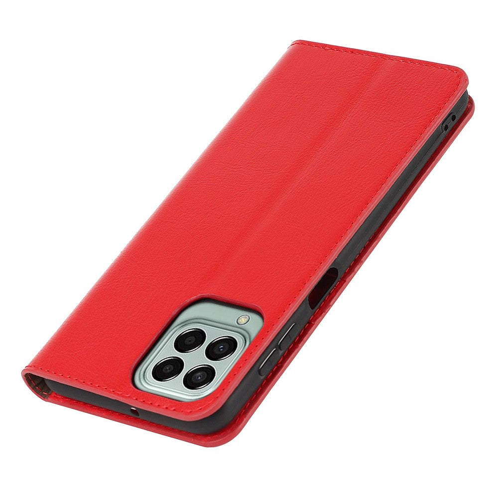 For Samsung Galaxy M53 5G Shockproof Genuine Leather Flip Cover Crazy Horse Texture Wallet Viewing Stand Magnetic Absorption Shell - Red